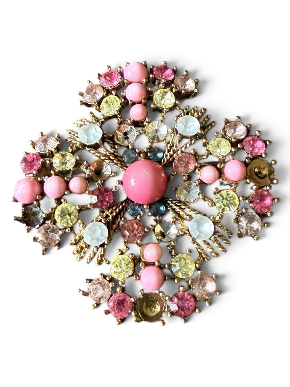 VINTAGE MALTESE CROSS BROOCH - Mid-Century Pastel Rhinestones